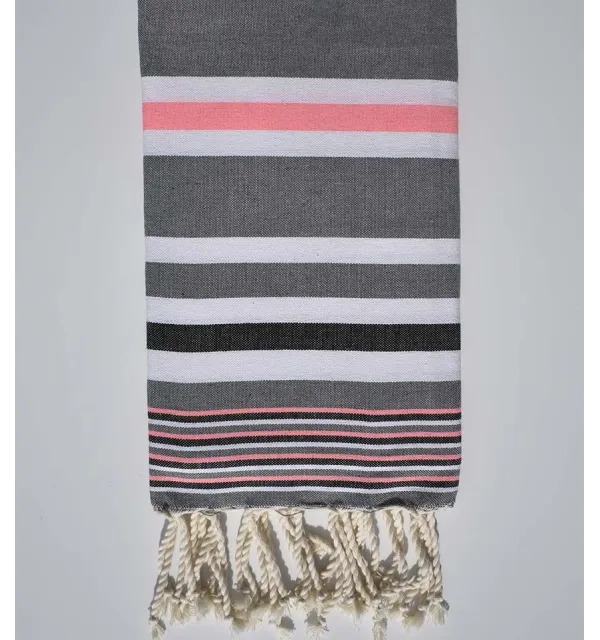 Serviette de plage dina gris avec rayures blanche, rose fluo et noir Fouta Tunisia - 1