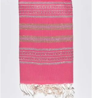 Serviette de plage rose fushia avec lurex argent et doré Fouta Tunisia - 2