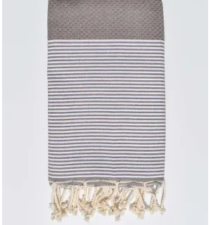 FOUTA NID D'ABEILLE Taupe rayée blanc Fouta Tunisia - 1