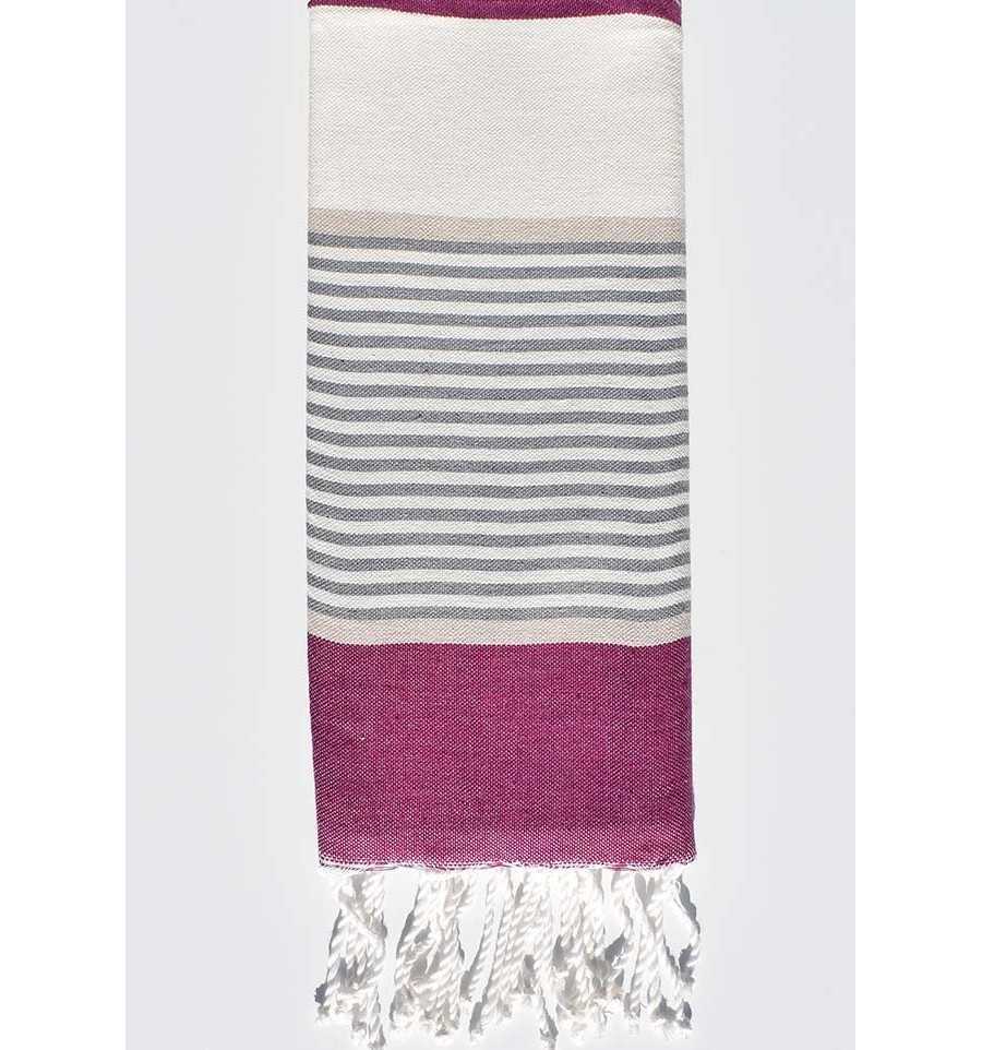 Fouta enfant blanc crème rayée prune, beige et gris