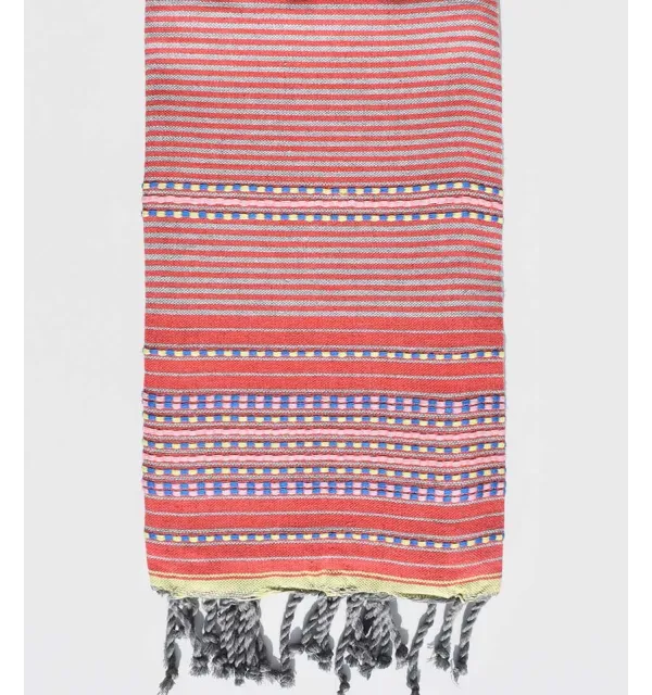 Serviette de plage arabesque rouge rayée gris Fouta Tunisia - 1