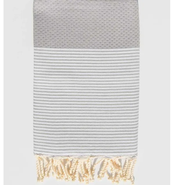 FOUTA NID D'ABEILLE Gris rayée blanc - 1