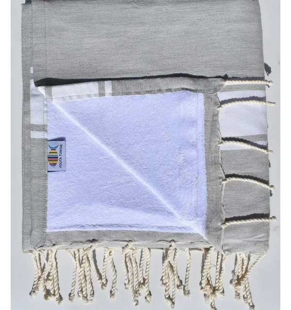 fouta doublée éponge grège et blanc - 1