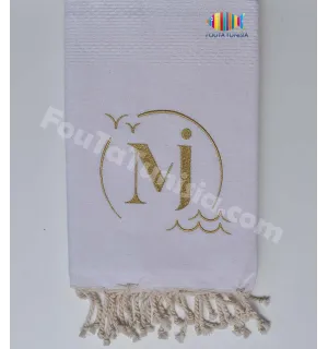 Fouta nid d'abeille unie brodée pour mariage Fouta Tunisia - 1
