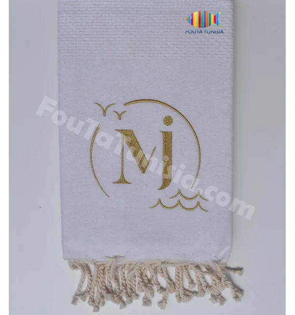 Fouta nid d'abeille unie brodée pour mariage Fouta Tunisia - 1