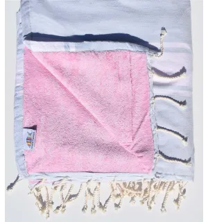 Serviette de plage doublée éponge bleu clair et rose Fouta Tunisia - 1
