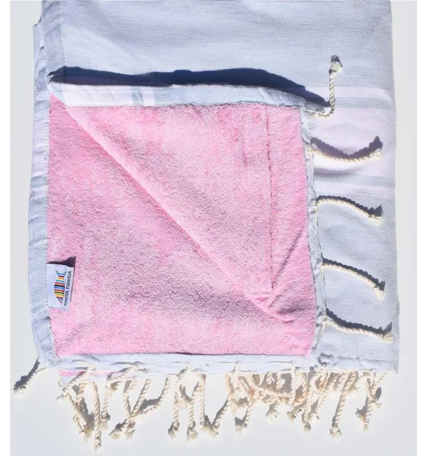Serviette de plage doublée éponge bleu clair et rose Fouta Tunisia - 1