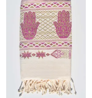 Fouta khomsa blanc crème et rose violet Fouta Tunisia - 1
