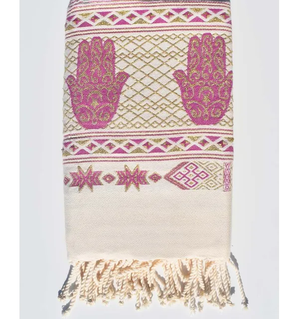 Fouta khomsa blanc crème et rose violet Fouta Tunisia - 1