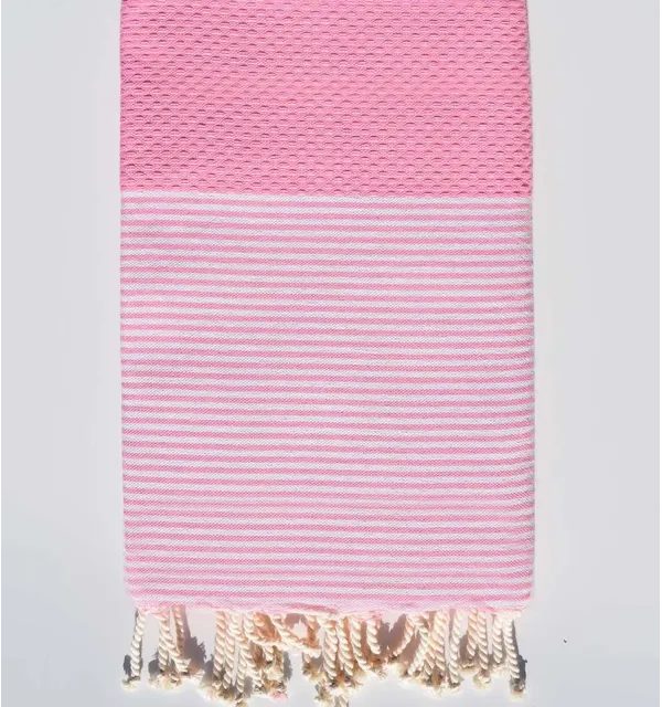 Fouta nid d'abeille rose clair avec rayures Fouta Tunisia - 1