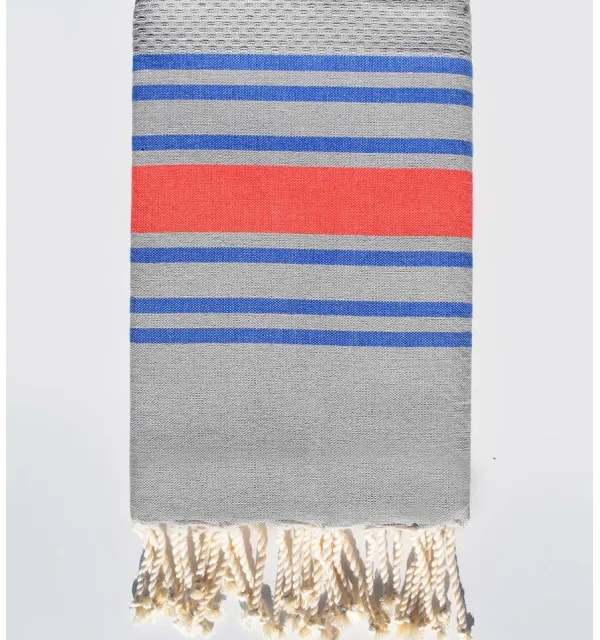 Fouta nid d'abeille gris rayée bleu et rouge anglais Fouta Tunisia - 1
