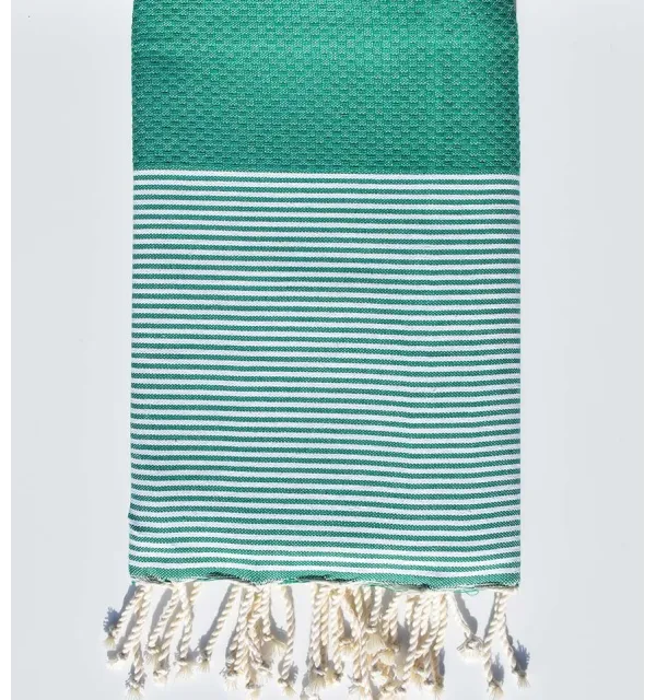FOUTA NID D'ABEILLE Vert gazon rayée blanc - 1