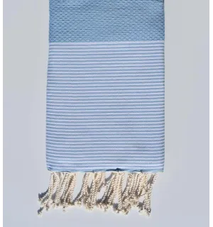 FOUTA NID D'ABEILLE Bleu ciel clair rayée blanc Fouta Tunisia - 1