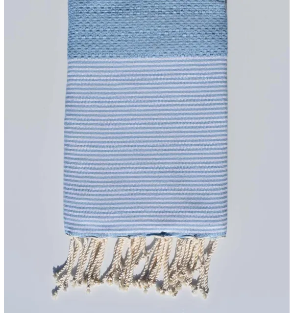 FOUTA NID D'ABEILLE Bleu ciel clair rayée blanc Fouta Tunisia - 1