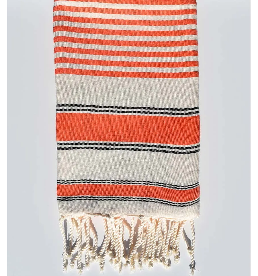 Serviette de plage couleur blanc crème, orange et noir Fouta Tunisia - 3