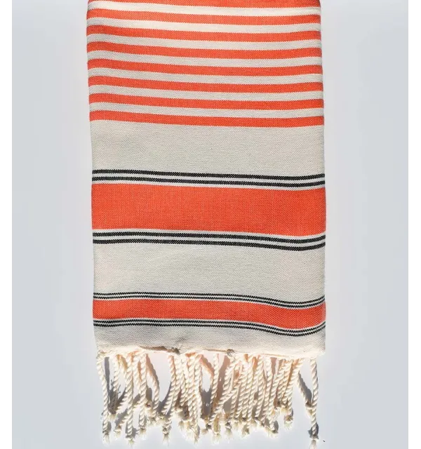 Serviette de plage couleur blanc crème, orange et noir Fouta Tunisia - 3