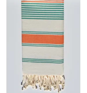 Serviette de plage dina blanc crème, orange et vert Fouta Tunisia - 1