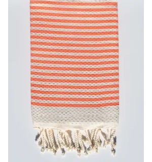 Fouta nid d'abeille rayée 1 cm rayure orange  - 1