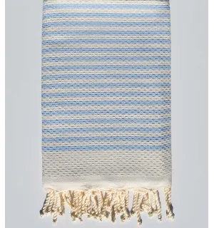 Serviette de plage nid d'abeille blanc crème rayée 1 cm rayures bleu clair Fouta Tunisia - 1