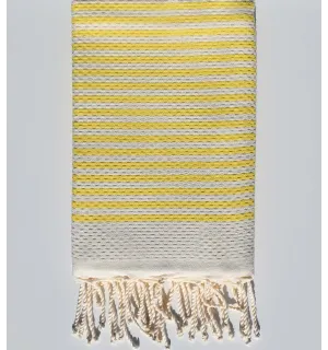 Serviette de plage nid d'abeille blanc crème et jaune fluo Fouta Tunisia - 1