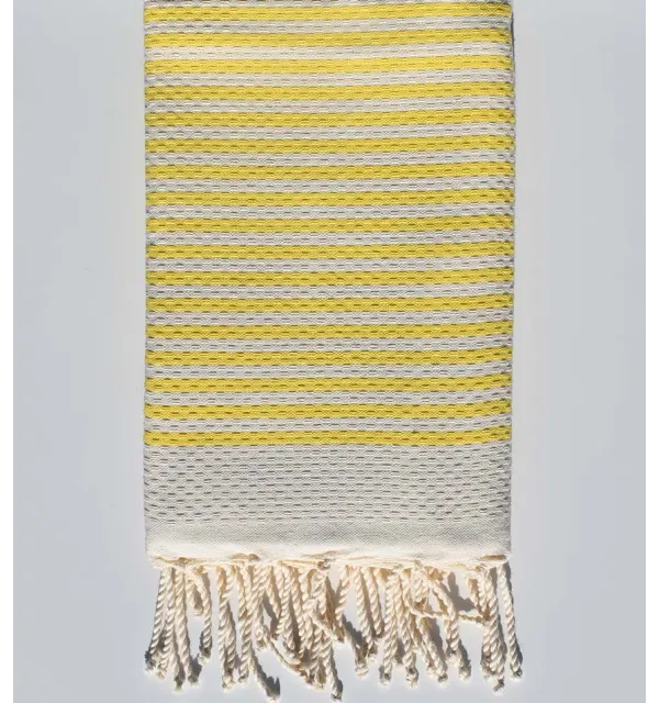 Serviette de plage nid d'abeille blanc crème et jaune fluo Fouta Tunisia - 1