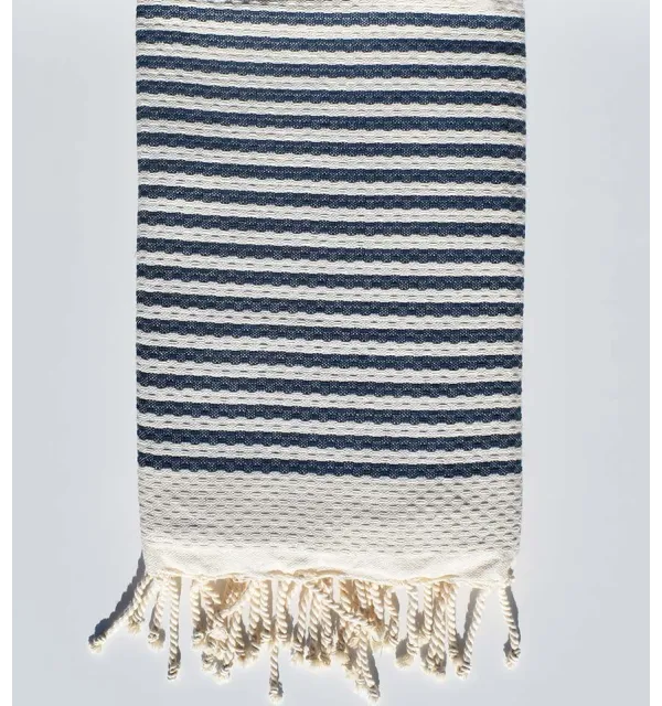FOUTA nid d'abeille rayée 1 cm rayure bleu marine  - 1