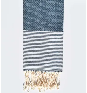 FOUTA NID D'ABEILLE bleu minéral rayée blanc  - 1