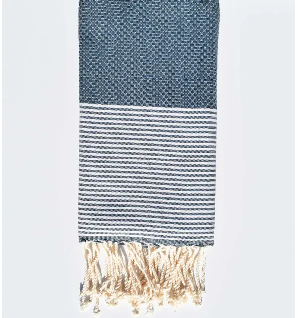 FOUTA NID D'ABEILLE bleu minéral rayée blanc - 1