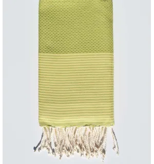 Serviette de plage en nid d'abeille vert pistache rayée jaune beurre Fouta Tunisia - 1
