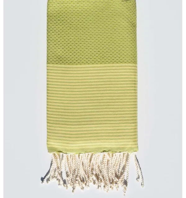 Serviette de plage en nid d'abeille vert pistache rayée jaune beurre Fouta Tunisia - 1