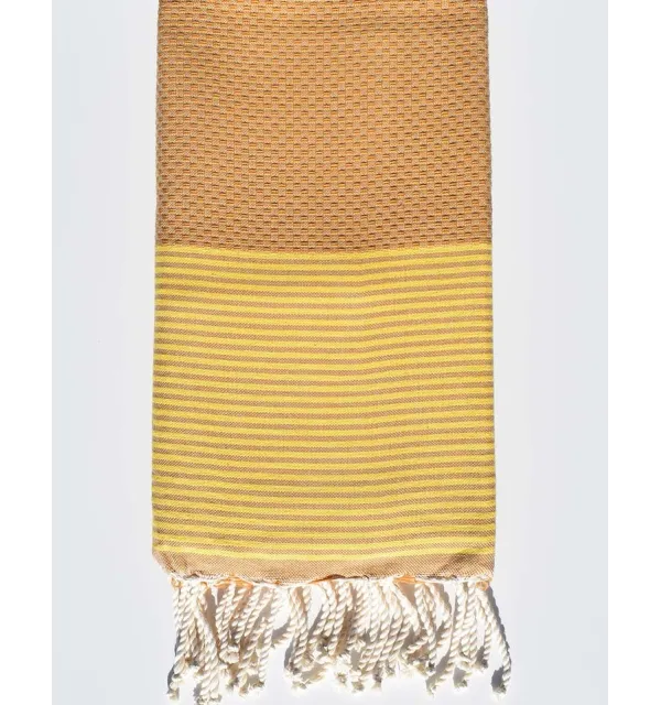 Serviette de plage en nid d'abeille vénitien foncé rayée jaune Fouta Tunisia - 1