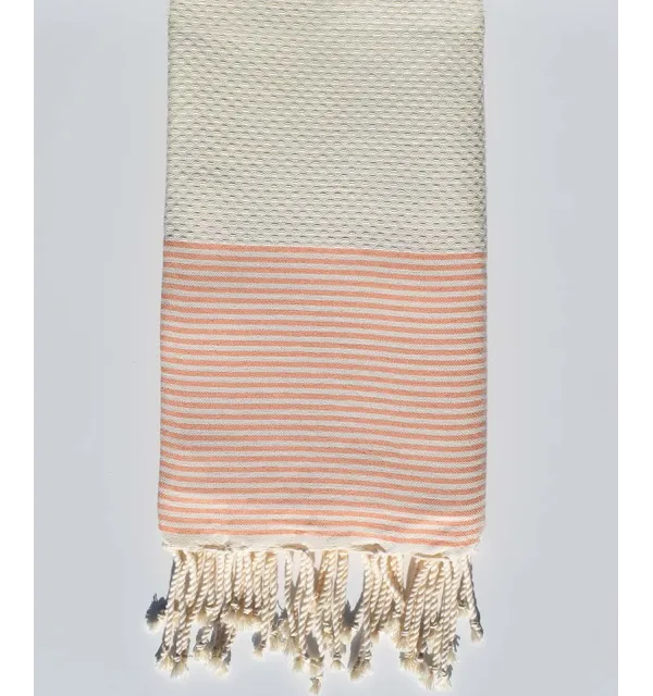 Serviette de plage en nid d'abeille blanc crème et capucine Fouta Tunisia - 1