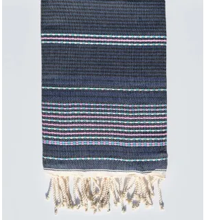 Fouta arabesque bleu denim avec rayures rose Fouta Tunisia - 1