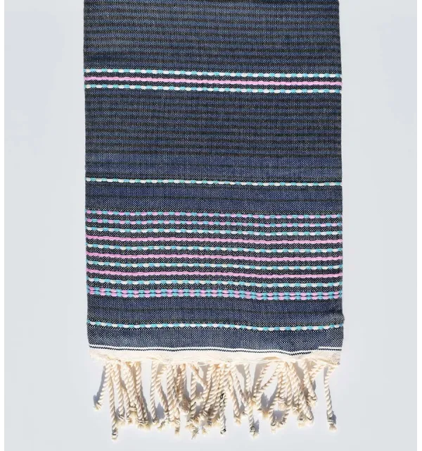 Fouta arabesque bleu denim avec rayures rose Fouta Tunisia - 1