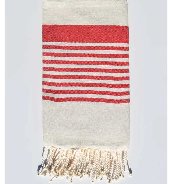 Serviette de plage arthur blanc crème et rouge Fouta Tunisia - 1