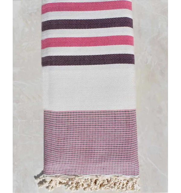 Jeté blanc écru, rose et violet aubergine Fouta Tunisia - 2