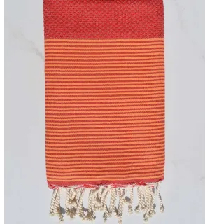 Fouta nid d'abeille rouge feu avec rayures Fouta Tunisia - 1