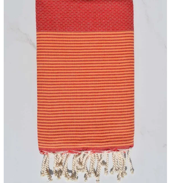 Fouta nid d'abeille rouge feu avec rayures Fouta Tunisia - 1