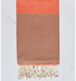 Serviette de plage nid d'abeille orange rayée vert militaire Fouta Tunisia - 1