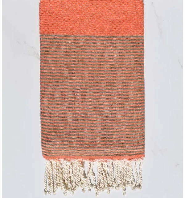 Serviette de plage nid d'abeille orange rayée vert militaire Fouta Tunisia - 1
