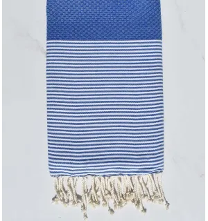 FOUTA NID D'ABEILLE bleu cérule rayée blanc Fouta Tunisia - 1