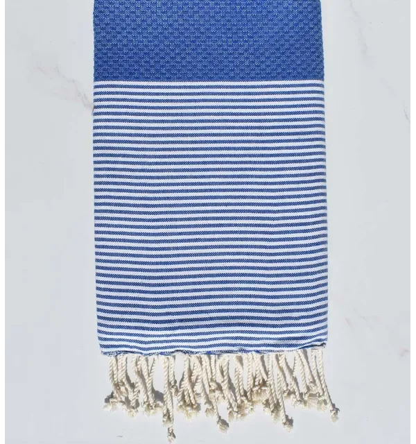 FOUTA NID D'ABEILLE bleu cérule rayée blanc Fouta Tunisia - 1