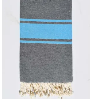 Fouta plate gris foncé bandes bleu  - 1