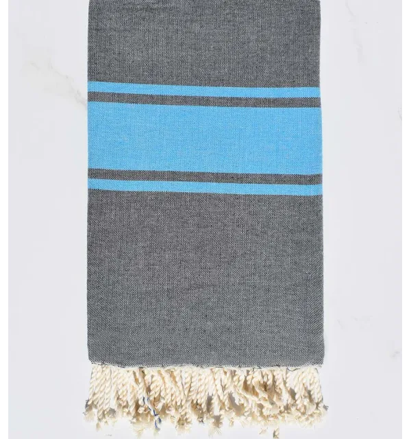 Fouta plate gris foncé bandes bleu - 1