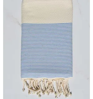 Fouta nid d'abeille beige clair rayée blanc et azur Fouta Tunisia - 1