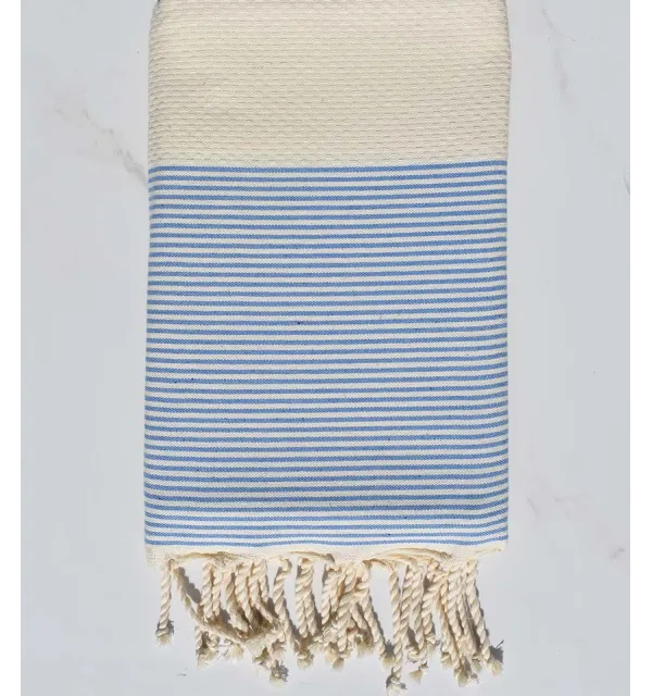 Fouta nid d'abeille beige clair rayée blanc et azur Fouta Tunisia - 1