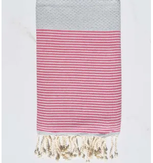 Fouta nid d'abeille gris clair rayée rose Fouta Tunisia - 1