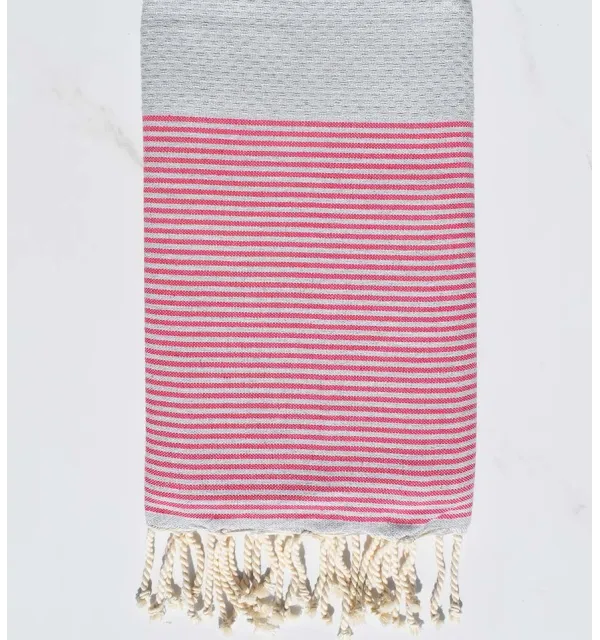 Fouta nid d'abeille gris clair rayée rose Fouta Tunisia - 1