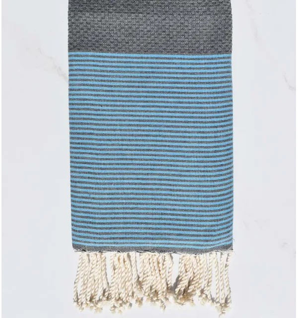 FOUTA NID D'ABEILLE gris rayée bleu azur Fouta Tunisia - 1