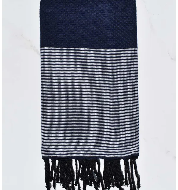 FOUTA NID D'ABEILLE bleu nuit avec rayures Fouta Tunisia - 1